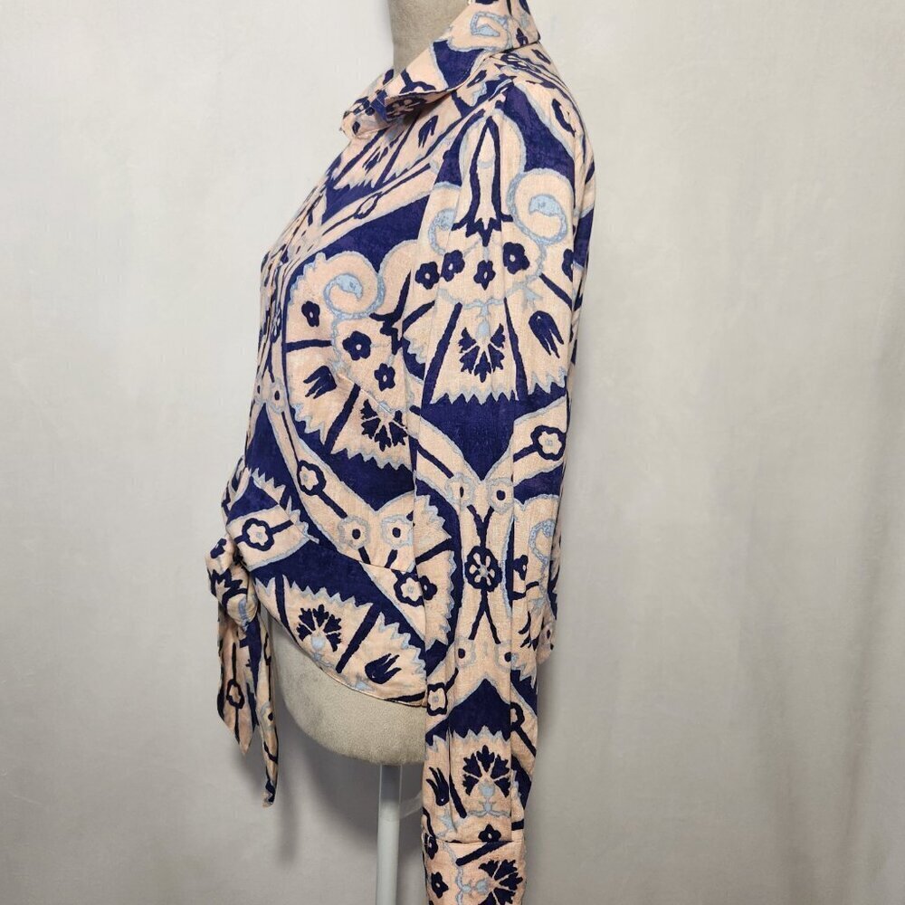 Christian Siriano NY Women's Size L Linen Blend Floral Tie Front Button Down Top - Picture 9 of 16